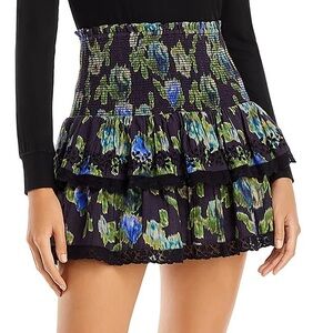 LoveShackFancy Walker Smocked Floral Tiered Lace Mini Skirt, NEW
